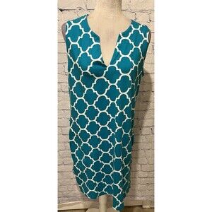 Lands' End Shift Dress Teal Geometric Pattern With Pockets V Neck Cotton Medium